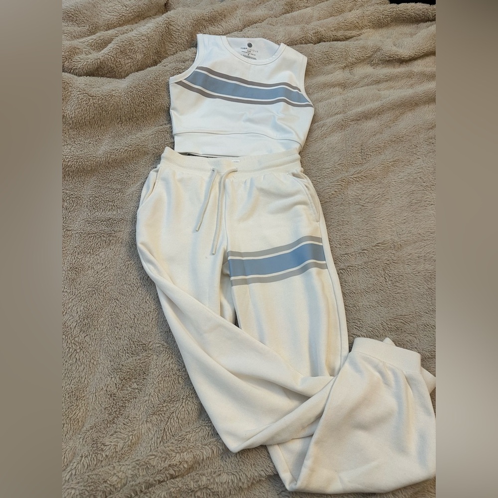 Yoga licious Lux lounge set , off white/cream with blue stripe. Never worn!!!